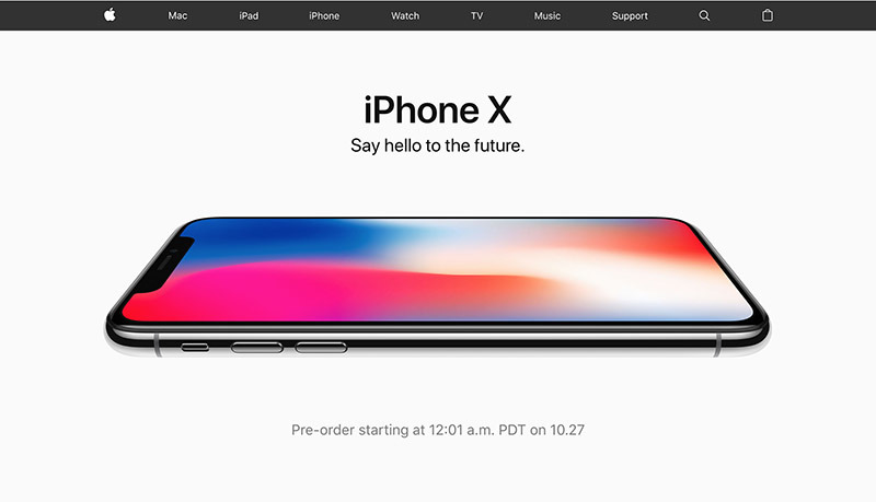 Apple iPhone X homepage screenshot with the device in view, texts reads 'iPhone X. Say hello to the future.'