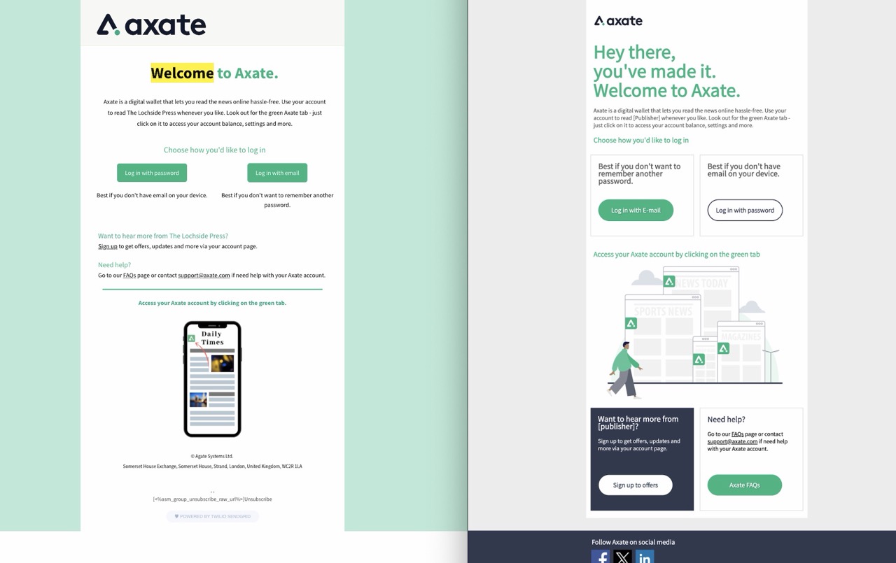 Axate welcome email on the left shows an old Design and the right shows a more polish Design using a green brand identity
